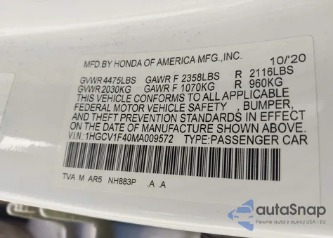 2021 Honda Accord Sport Special Edition из США, поврежденный, VIN 1HGCV1F40MA009572